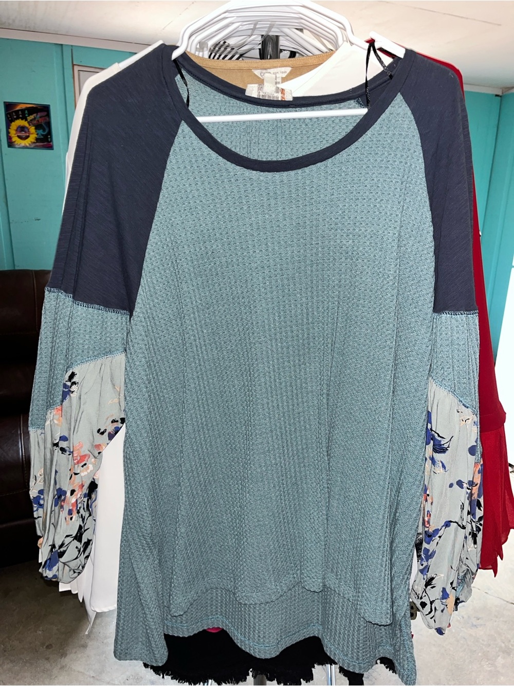 Cato Teal Waffle Knit Raglan Top with Floral Balloon Sleeves